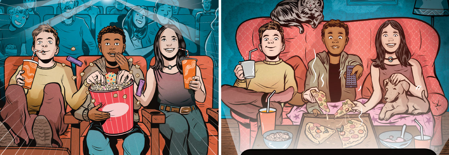 Illustration of teens watching movies in the theatre and then at home