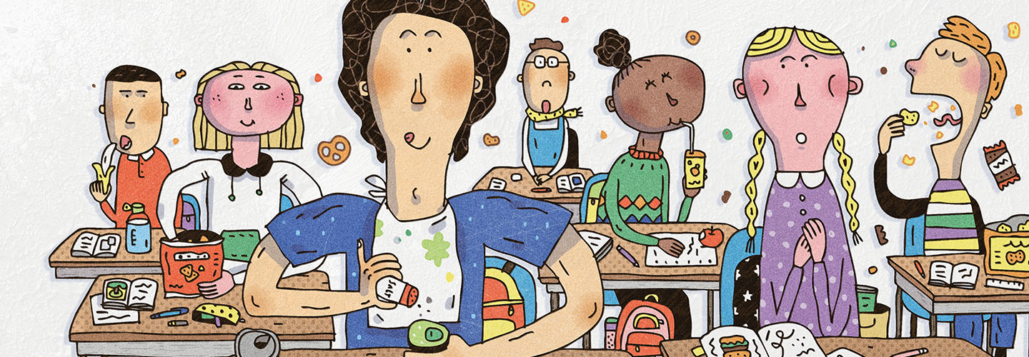 Several students eat snacks at their desks in a busy classroom